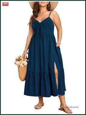 Plus Size Maxi Sun Dress Spaghetti Strap Tie Front Smocked Ruffle Split Boho
